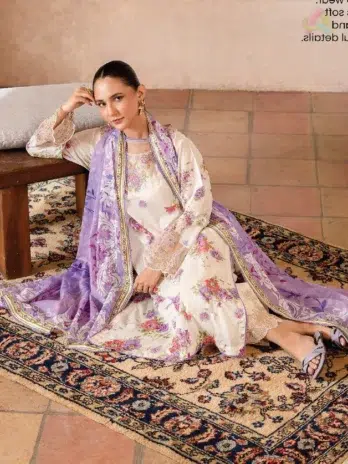 Close-up of embroidered organza lace on Mahi Nur by Brenish Vol 1 D-03, highlighting Brenish Fabrics’ delicate finishing and stylish summer fashion.