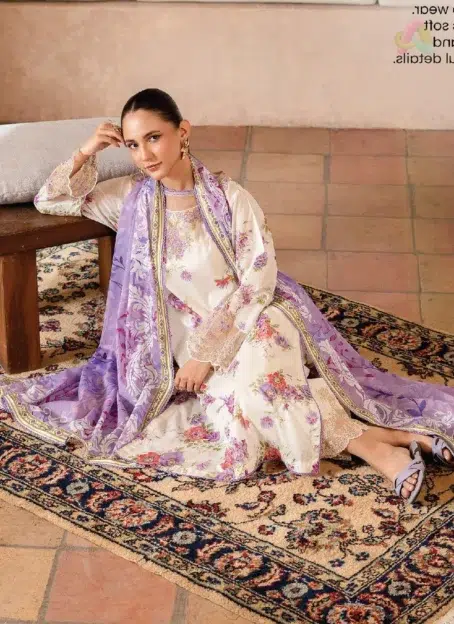 Close-up of embroidered organza lace on Mahi Nur by Brenish Vol 1 D-03, highlighting Brenish Fabrics’ delicate finishing and stylish summer fashion.