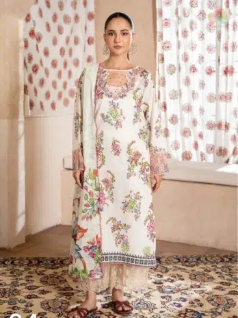 Mahi Nur by Brenish Vol 1 D-04 front design showcasing digital printed lawn with embroidered organza lace and elegant pure lawn dupatta