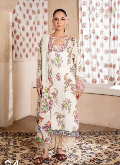 Mahi Nur by Brenish Vol 1 D-04 front design showcasing digital printed lawn with embroidered organza lace and elegant pure lawn dupatta