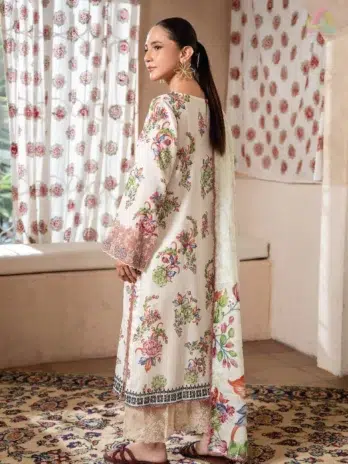 Back design of Mahi Nur by Brenish Vol 1 D-04 featuring digital printed lawn with fine details and dyed cambric trouser.