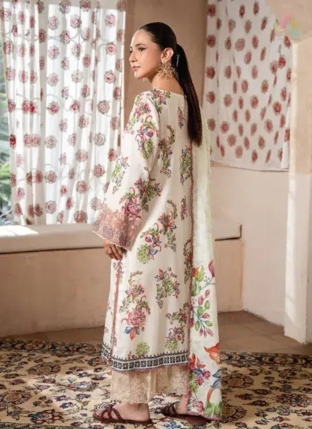 Back design of Mahi Nur by Brenish Vol 1 D-04 featuring digital printed lawn with fine details and dyed cambric trouser.
