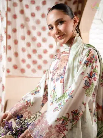 Close-up of Mahi Nur by Brenish Vol 1 D-04 highlighting embroidered organza lace, premium digital print, and rich Brenish fabrics quality.