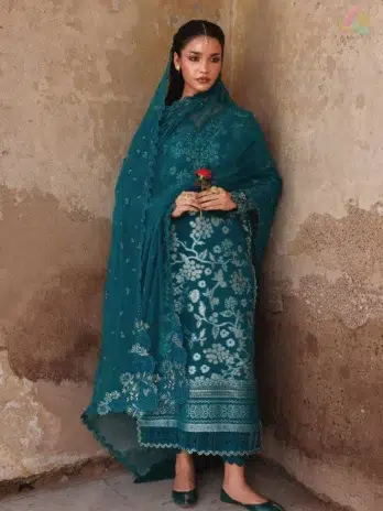 Maya Jacquard by Nureh NJ-101 front view featuring embroidered jacquard shirt with intricate detailing, styled with chiffon dupatta and cotton trouser.