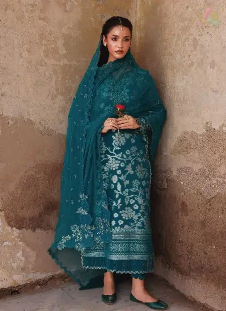 Maya Jacquard by Nureh NJ-101 front view featuring embroidered jacquard shirt with intricate detailing, styled with chiffon dupatta and cotton trouser.