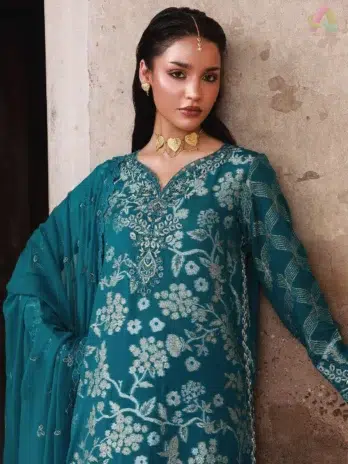 Close-up of Maya Jacquard by Nureh NJ-101 highlighting fine embroidery on jacquard shirt and soft chiffon dupatta from Nureh Fabrics.