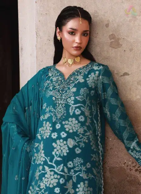 Close-up of Maya Jacquard by Nureh NJ-101 highlighting fine embroidery on jacquard shirt and soft chiffon dupatta from Nureh Fabrics.