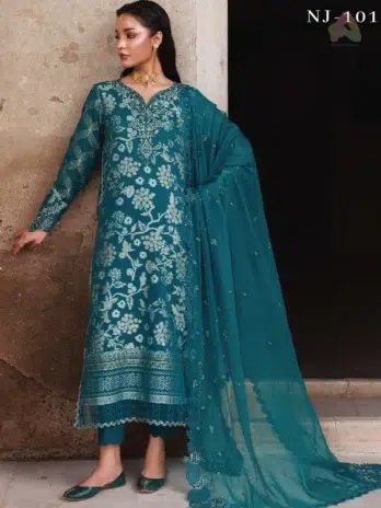 Complete 3-piece outfit of Maya Jacquard by Nureh NJ-101 with embroidered jacquard shirt, chiffon dupatta, and dyed cotton trouser styled elegantly.