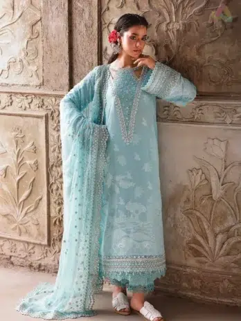 Front view of Maya Jacquard by Nureh NJ-102 featuring embroidered jacquard shirt with intricate details, styled with chiffon dupatta and cotton trouser.