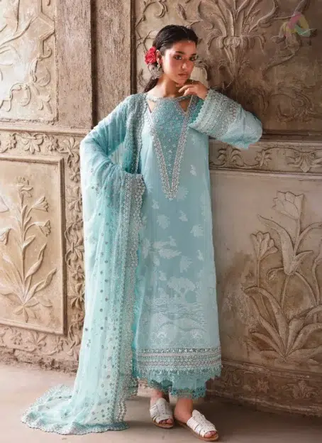 Front view of Maya Jacquard by Nureh NJ-102 featuring embroidered jacquard shirt with intricate details, styled with chiffon dupatta and cotton trouser.
