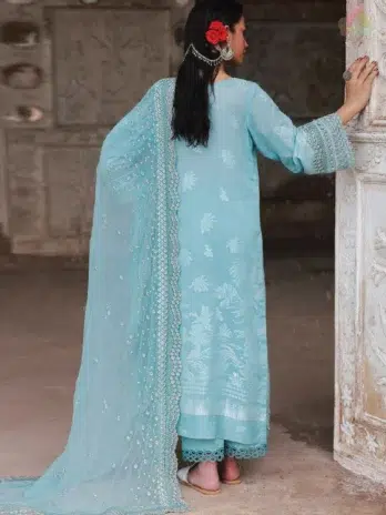 Back design of Maya Jacquard by Nureh NJ-102 highlighting embroidery patterns on jacquard fabric paired with a dyed cotton trouser and chiffon dupatta.