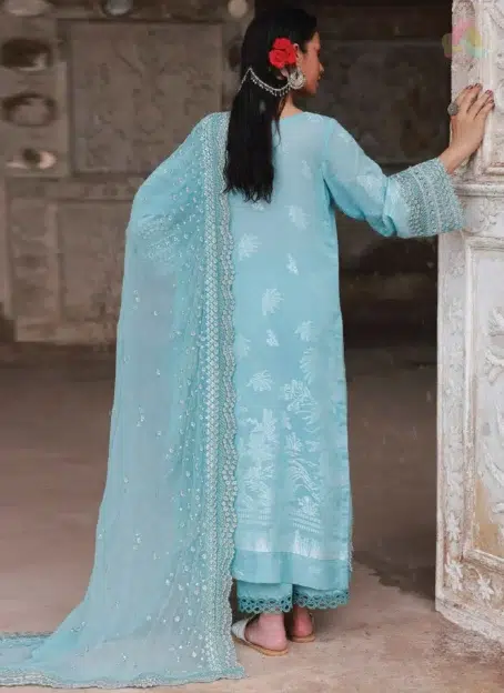 Back design of Maya Jacquard by Nureh NJ-102 highlighting embroidery patterns on jacquard fabric paired with a dyed cotton trouser and chiffon dupatta.