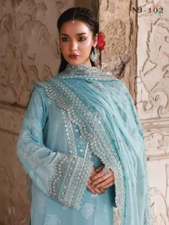 Close-up of Maya Jacquard by Nureh NJ-102 showing fine embroidery on jacquard shirt fabric with detailed chiffon dupatta embellishments.