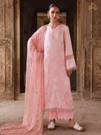 Front view of Maya Jacquard by Nureh NJ-103, featuring an embroidered jacquard shirt with chiffon dupatta and dyed cotton trouser.