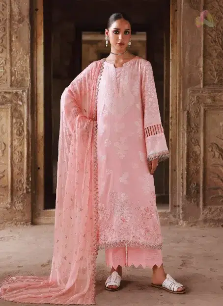 Front view of Maya Jacquard by Nureh NJ-103, featuring an embroidered jacquard shirt with chiffon dupatta and dyed cotton trouser.