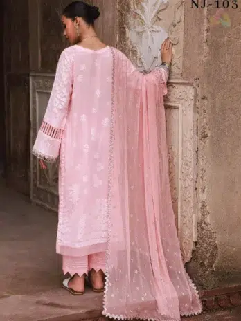 Back view of Maya Jacquard by Nureh NJ-103 highlighting elegant jacquard embroidery and detailed finishing with chiffon dupatta and cotton trouser.