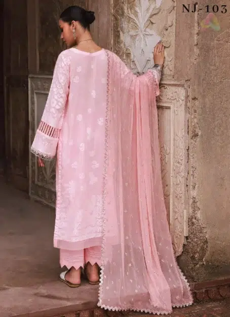 Back view of Maya Jacquard by Nureh NJ-103 highlighting elegant jacquard embroidery and detailed finishing with chiffon dupatta and cotton trouser.