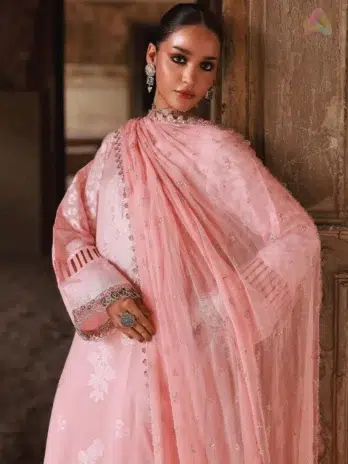 Close-up of Maya Jacquard by Nureh NJ-103 showcasing intricate embroidery on premium jacquard fabric paired with chiffon dupatta and cotton trouser.