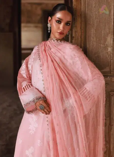Close-up of Maya Jacquard by Nureh NJ-103 showcasing intricate embroidery on premium jacquard fabric paired with chiffon dupatta and cotton trouser.