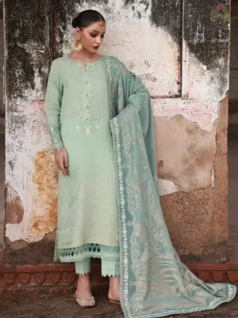 Front view of Maya Jacquard by Nureh NJ-104 embroidered jacquard shirt with elegant detailing, paired with lawn jacquard dupatta and cotton trouser.