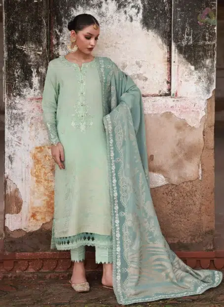 Front view of Maya Jacquard by Nureh NJ-104 embroidered jacquard shirt with elegant detailing, paired with lawn jacquard dupatta and cotton trouser.