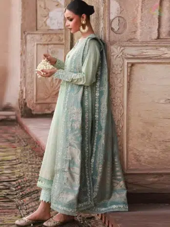 Full view of Maya Jacquard by Nureh NJ-104 three-piece suit with embroidered shirt, jacquard dupatta, and cotton trouser from Nureh new collection 2025.