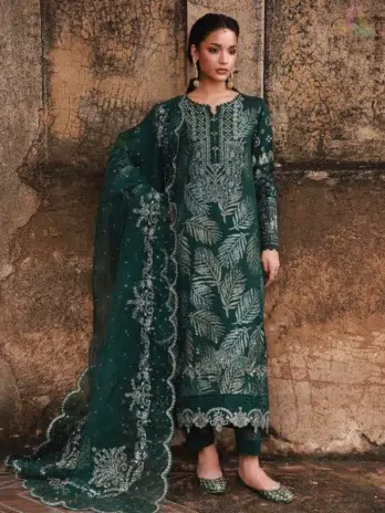 Front view of Maya Jacquard by Nureh NJ-105 showcasing embroidered jacquard shirt with organza dupatta and cotton trouser from Nureh Jacquard Collection.