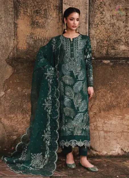 Front view of Maya Jacquard by Nureh NJ-105 showcasing embroidered jacquard shirt with organza dupatta and cotton trouser from Nureh Jacquard Collection.