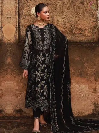 Front view of Maya Jacquard by Nureh NJ-106, featuring an embroidered Jacquard shirt, chiffon dupatta, and cotton trouser from Nureh collection.