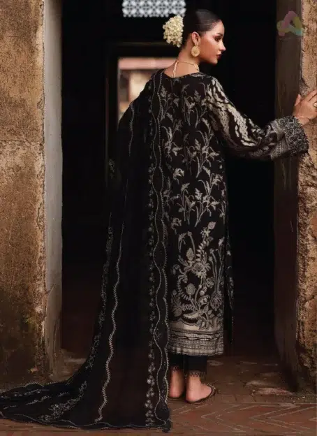 Back design of Maya Jacquard by Nureh NJ-106, highlighting embroidered Jacquard details and the elegant drape of the chiffon dupatta.