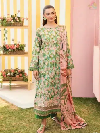Front view of Mishaal by Gulljee Vol 7 D-01 showcasing digital printed lawn with elegant embroidery and vibrant summer tones