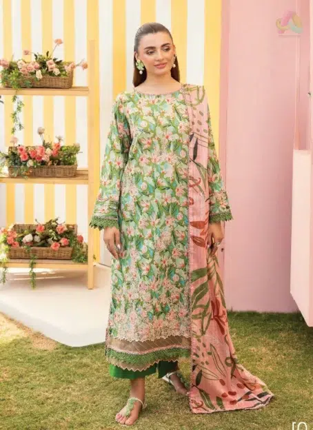 Front view of Mishaal by Gulljee Vol 7 D-01 showcasing digital printed lawn with elegant embroidery and vibrant summer tones