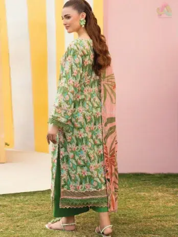 Back side of Gulljee Mishaal D-01 lawn suit highlighting the digitally printed design in soft, breathable fabric for seasonal wear.