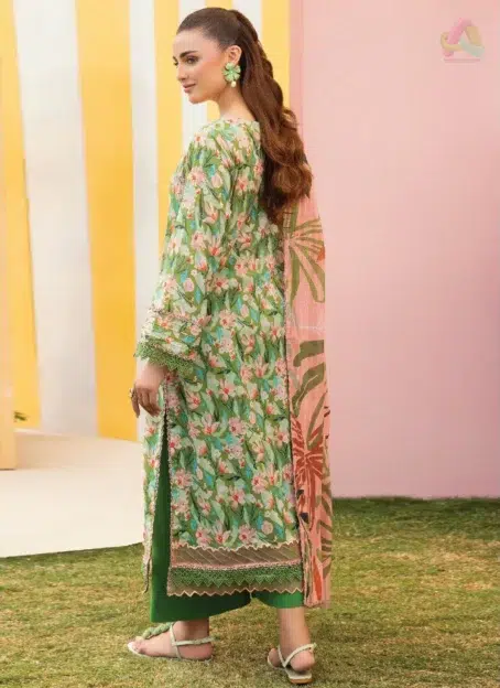 Back side of Gulljee Mishaal D-01 lawn suit highlighting the digitally printed design in soft, breathable fabric for seasonal wear.