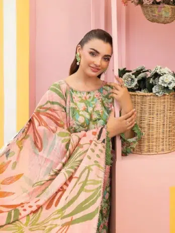 Close-up of embroidered lawn front from Mishaal by Gulljee D-01, detailing delicate threadwork and premium digital printing