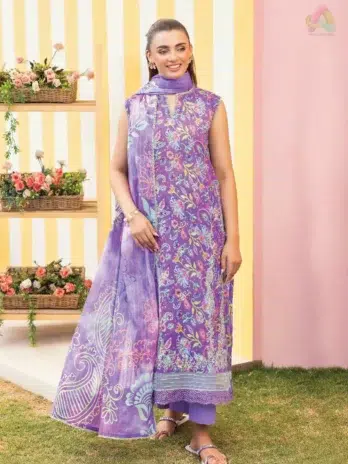 Mishaal by Gulljee Vol 7 D-02 front view showcasing embroidered digital lawn shirt with intricate summer 2025 detailing from Gulljee lawn collection