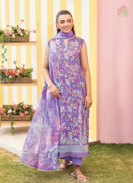 Mishaal by Gulljee Vol 7 D-02 front view showcasing embroidered digital lawn shirt with intricate summer 2025 detailing from Gulljee lawn collection