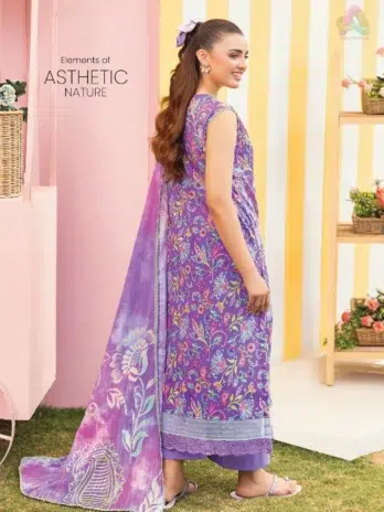 Back design of Mishaal by Gulljee Vol 7 D-02 featuring digitally printed lawn fabric in vibrant patterns from Gulljee clothing summer collection