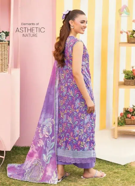 Back design of Mishaal by Gulljee Vol 7 D-02 featuring digitally printed lawn fabric in vibrant patterns from Gulljee clothing summer collection