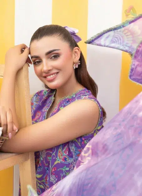 Close-up view highlighting fine embroidery and digital print of Gulljee Vol 7 D-02 shirt – part of Gulljee Fabrics 2025 lawn collection