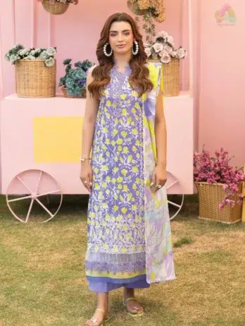 Front view of Mishaal by Gulljee Vol 7 D-03 featuring digitally printed embroidered lawn shirt in a stylish summer design.