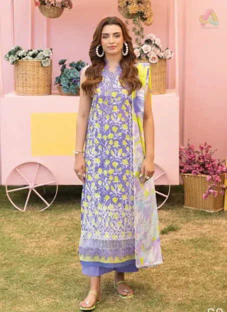 Front view of Mishaal by Gulljee Vol 7 D-03 featuring digitally printed embroidered lawn shirt in a stylish summer design.
