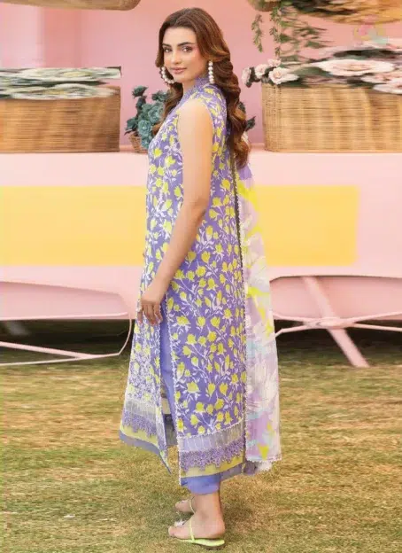 Back design of Mishaal by Gulljee Vol 7 D-03 with printed lawn sleeves and matching digitally printed back in vibrant tones.