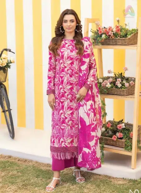 Front view of Mishaal by Gulljee Vol 7 D-04 showcasing embroidered lawn shirt in vibrant digital print with elegant detailing.
