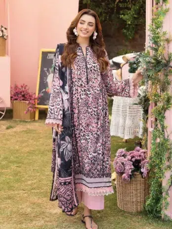 Front view of Mishaal by Gulljee Vol 7 D-05 showcasing embroidered lawn shirt with detailed digital prints from Gulljee collection 2025