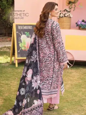 Back side of Gulljee lawn suit D-05 with intricate digital printed design from the Mishaal Vol 7 collection for women