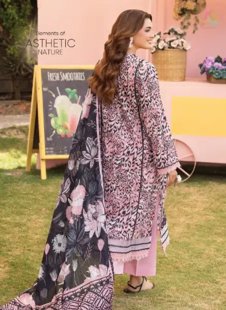 Back side of Gulljee lawn suit D-05 with intricate digital printed design from the Mishaal Vol 7 collection for women