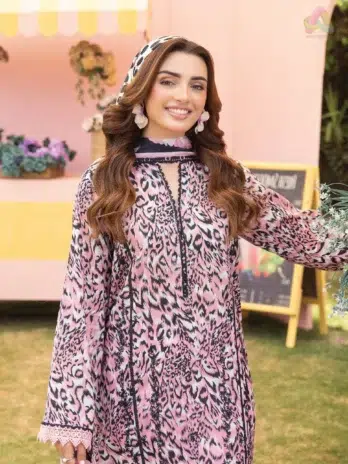 Close-up of embroidered front on Mishaal by Gulljee D-05, highlighting lawn fabric texture and threadwork from Gulljee clothing 2025