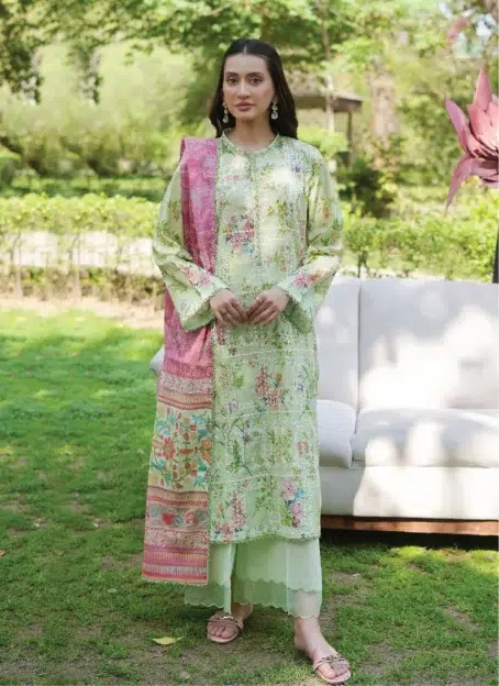 Twinkling by Binaas D‑03 embroidered lawn suit front view, showcasing premium lawn fabric, digital print details, and intricate embroidery from the Binaas lawn 2025 collection.