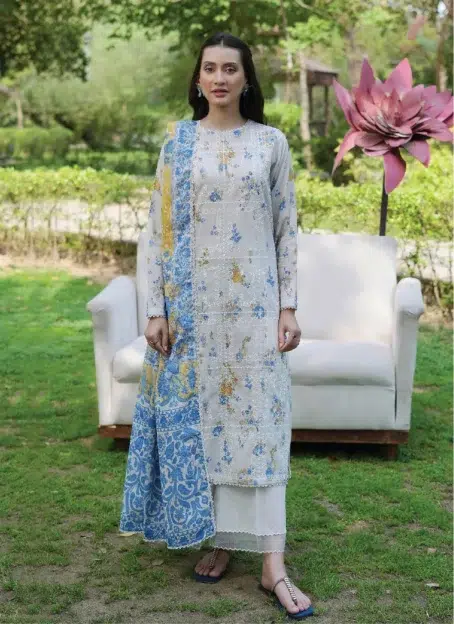 Front view of Twinkling by Binaas D‑04, premium embroidered lawn suit with digital prints and fine detailing from the Binaas lawn 2025 summer collection